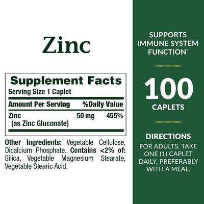 Nature's Bounty Zinc 50 mg Caplets, Unflavored, 100 Count, Pack of 2