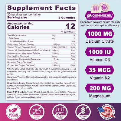 Sugar-Free Calcium Citrate Gummies 1000mg wVitamin D3 K2, Magnesium, Zinc, Boron, Manganese, Copper for Bone, Muscle Immune, Ultimate Absorption Calcium Supplement for Women Men - Vegan, 120 Cts