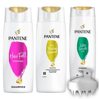 Travel Size Pantenee Shampoo Travel Size, 2.3 OZ, With A Scalp Brush,DAILY MOISTURE,SILKY SMOOTH, HAIRFALL CONTROL (3 PACK)