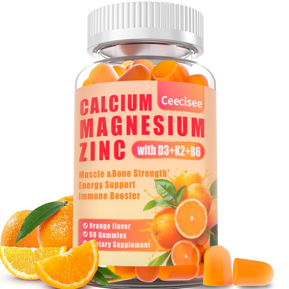 Calcium Magnesium Zinc Gummies with D3 B6 K2,1000mg Calcium Gummies with 300mg Magnesium Support Bone Muscle for Adults and Teens,Sugar Free (60 Count)