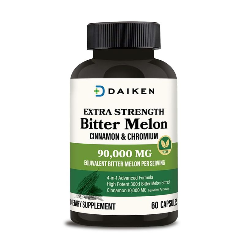 DAIKEN Bitter Melon, Cinnamon Chromium, 90,000 mg Equivalent Per Serving Extra Strength, 100 Vegetarian Bitter Melon Capsules with Cinnamon Chromium Zinc, 60 Capsules