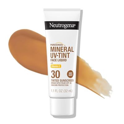 Neutrogena Purescreen Tinted Sunscreen for Face with SPF 30, Broad Spectrum Mineral Sunscreen with Zinc Oxide and Vitamin E, Water Resistant, Fragrance Free, Medium Deep, 1.1 fl oz