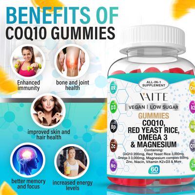 CoQ10 200mg Gummies with Red Yeast Rice Magnesium Glycinate - Omega-3, Zinc, and Vitamin K2D3 for Overall Health - Supplements for Adults - 60 Chewable Gummies