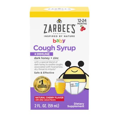 Zarbee&#39;s Baby Honey Cough Syrup Immune for Babies 12-24 Months, Safe Effective Cough Syrup with Soothing Dark Honey Zinc for Immune Support, Drug Alcohol-Free, Cherry, 2 fl. oz