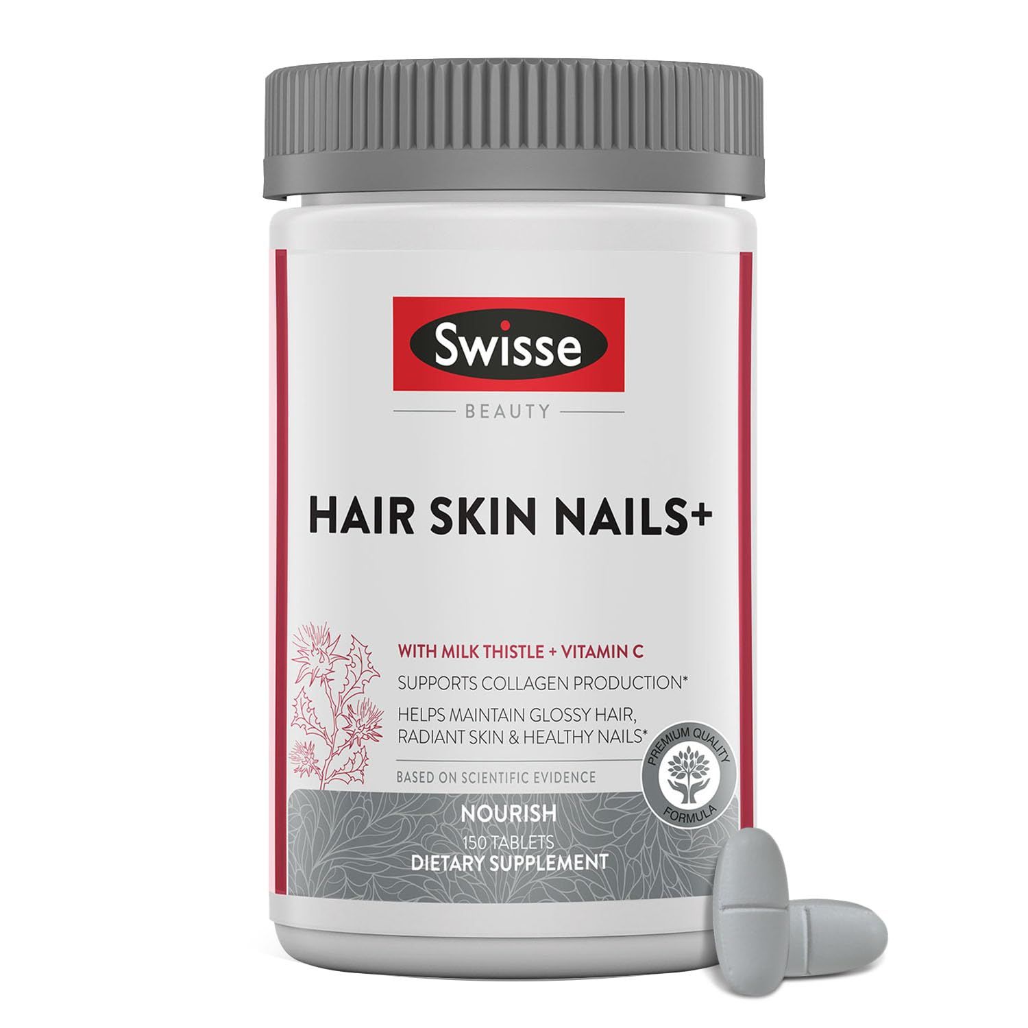 Swisse Biotin Hair Skin and Nails Supplement for Women Men Milk Thistle, Biotin, Vitamin C, Zinc Iron Supports Hair Growth Collagen Production Collagen Supplement 150 Tablets