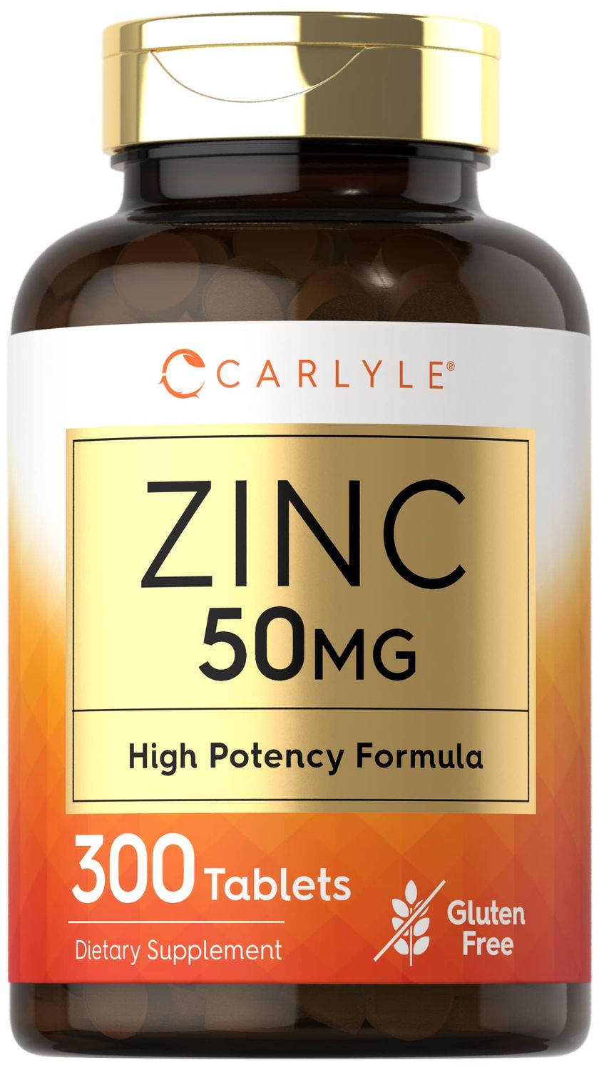 Carlyle Zinc 50mg 300 Tablets Vegetarian, Non-GMO, and Gluten Free Supplement Zinc Gluconate High Potency Formula