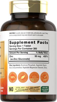 Carlyle Zinc 50mg 300 Tablets Vegetarian, Non-GMO, and Gluten Free Supplement Zinc Gluconate High Potency Formula