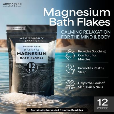 Aromasong Magnesium Flakes from The Dead Sea, 12 LB Resealable Black Bag - Muscle Relaxing Magnesium Chloride Bath Salts Soak for Headaches, Stress Leg Discomfort