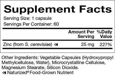Natura Health Products 25 mg Zinc Supplement - Supports Cellular Health and a Healthy Immune Response - Highly Bioavailable Food-Grown Zinc (60 Capsules)