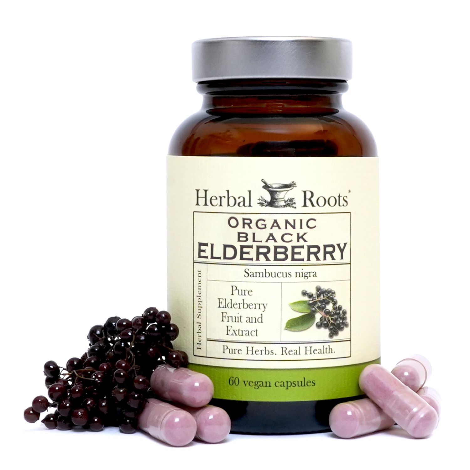 Herbal Roots Organic Black Elderberry Capsules Max Strength Made with Organic Sambucus 60 Vegan Capsules