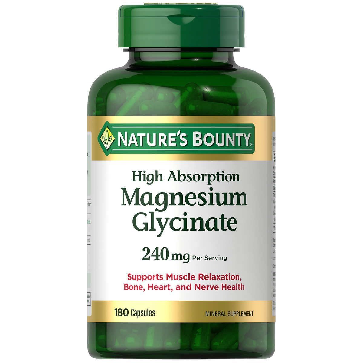Natures Bounty Magnesium Glycinate Large Bottle 180 Capsules 240 mg