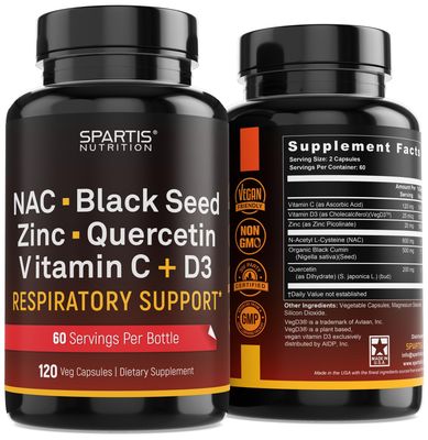 SPARTIS NAC 600mg Black Seed 500mg Zinc Picolinate Quercetin Vitamin C Vitamin D3 Respiratory Support (Pack of 1 Bottle at 120-Caps)