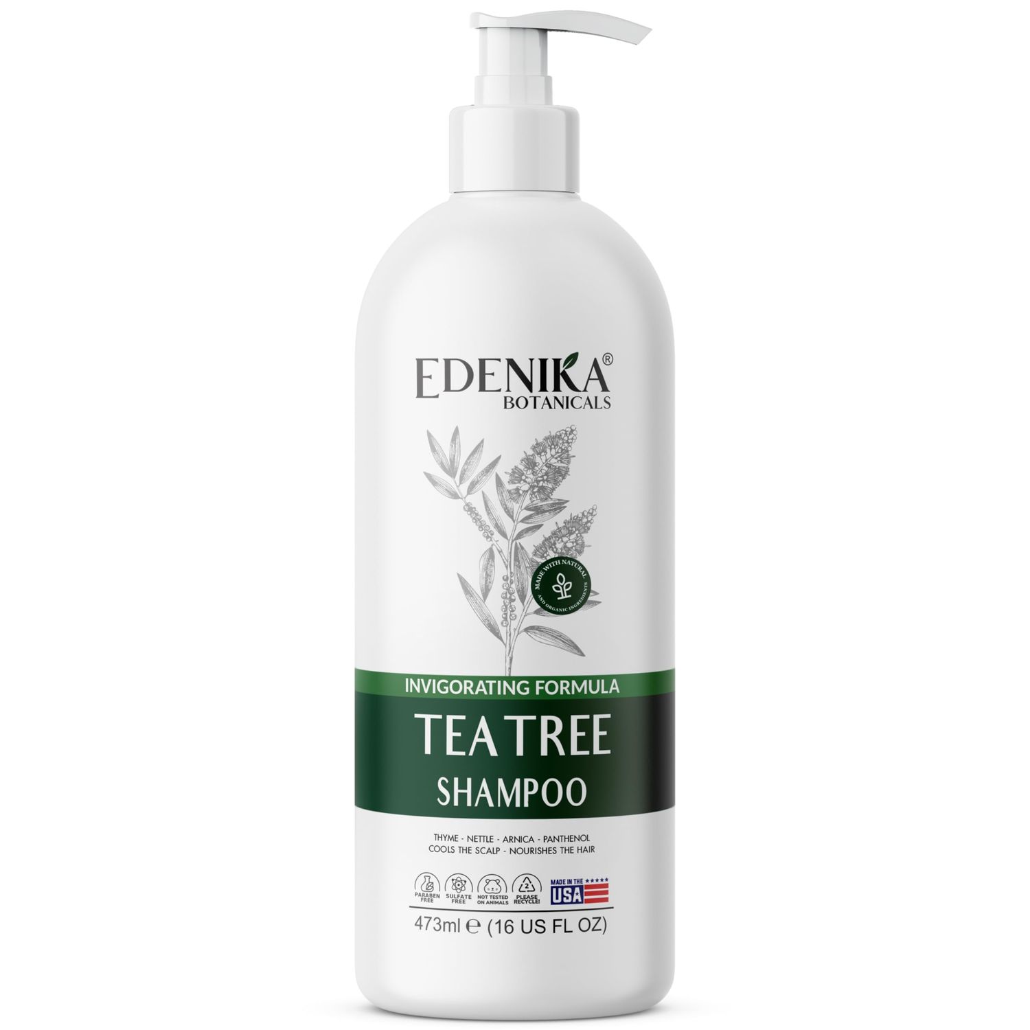 EDENIKA BOTANICALS Tea Tree Oil Shampoo, Soothes Itchy Dry Scalp, Deep Cleansing for Dandruff Buildup, Hydrates Refreshes, Sulfate Free, Natural Shampoo for Women Men - 16 fl oz