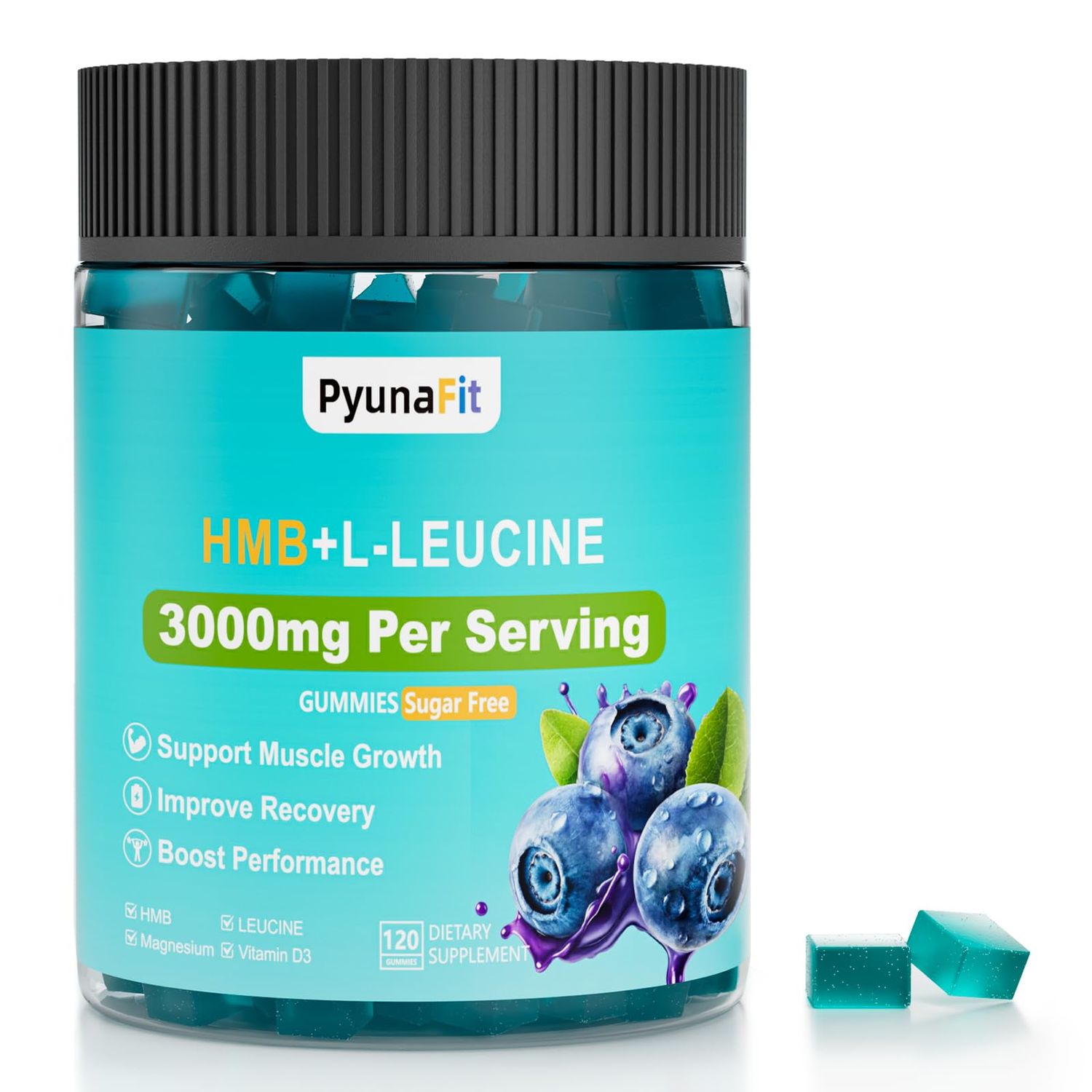 PYUNAFIT HMB Leucine Supplement Gummies, L-Leucine HMB with Vitamin D3 Magnesium Chewables for Men Women, Amino Acid, Vegan, Sugar Free, 120 Count