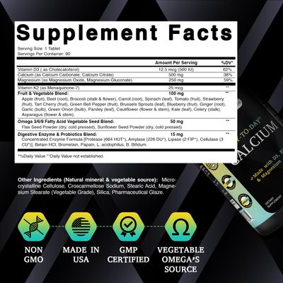 Best Naturals Calcium with D3 K2 Magnesium 90 Tablets - Made with Digestive Enzyme, Probiotics, Omega Blend