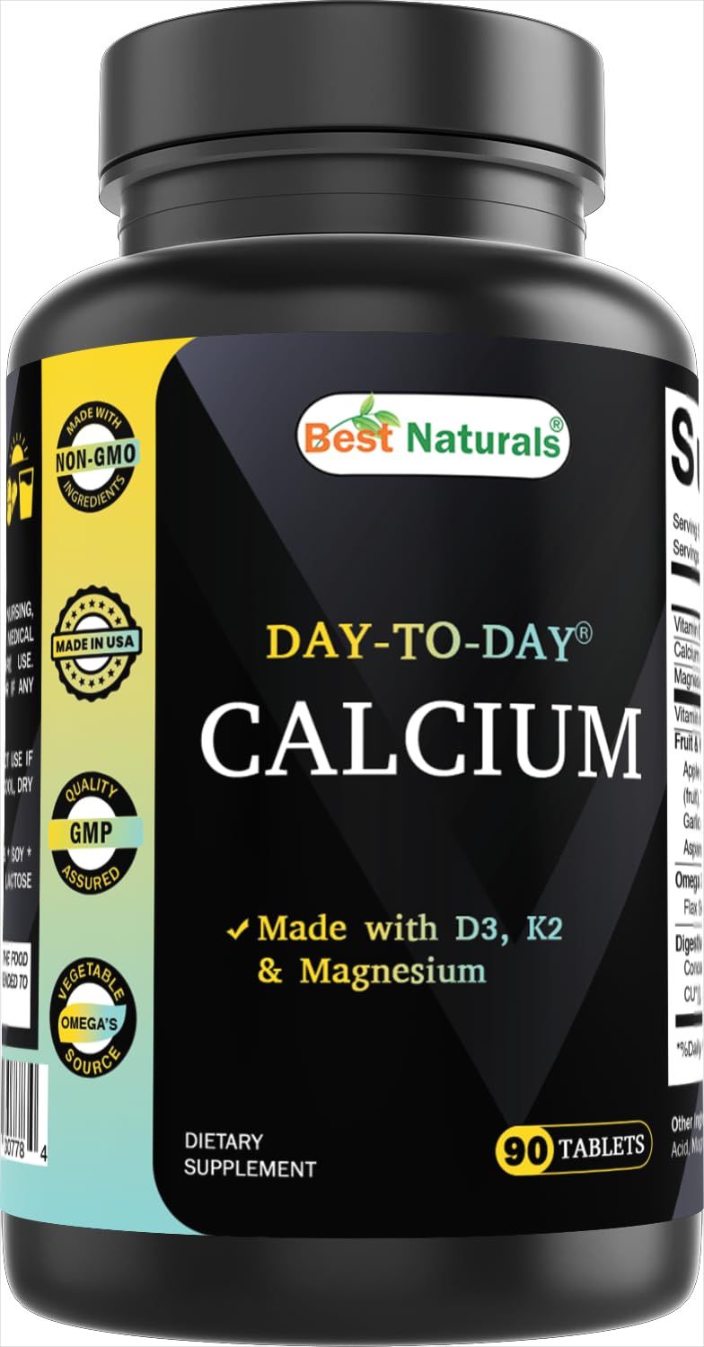 Best Naturals Calcium with D3 K2 Magnesium 90 Tablets - Made with Digestive Enzyme, Probiotics, Omega Blend