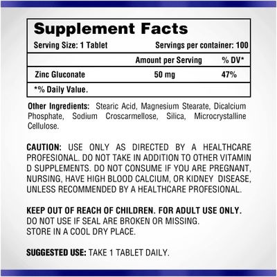 Natural Systems Zinc Gluconate 50 mg - Supports Your Immune System - Helps Bone and Muscle Strength - Elemental Minerals for Your Diet - Great Nutrition Supplement