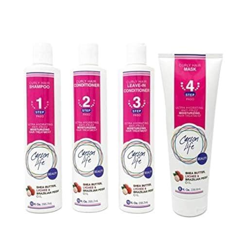 CARSON LIFE 4 Stage Hair Care System Kit For Curly Hair (Shampoo, Conditioner, Leave In Conditioner Curly Hair Mask) - Paraben and Sulfate Free
