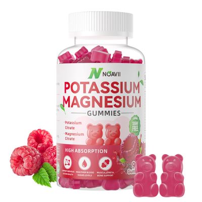 NOAVII Potassium Magnesium Gummies, New Formula Calm Magnesium Glycinate Gummies, Chewable Gummy Supplements for Leg Cramps Muscle, Raspberry Flavor 90 Count