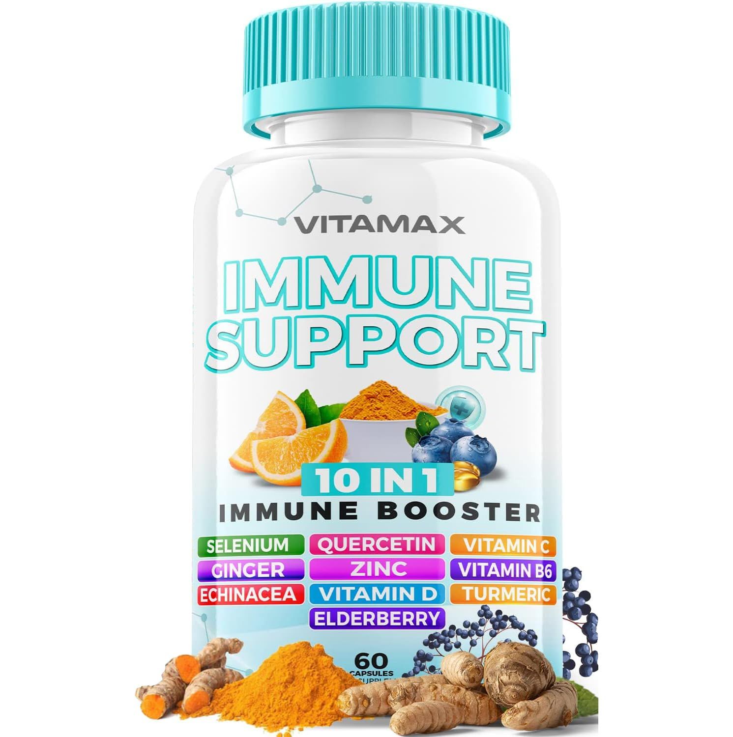 10-in-1 Immune System Support Booster with Elderberry, D3, Selenium, Quercetin, Zinc, Vitamin C, Ginger, Turmeric Curcumin, B6, Echinacea - Natural Immune Defense - Made in USA (60 Count (Pack of 1))