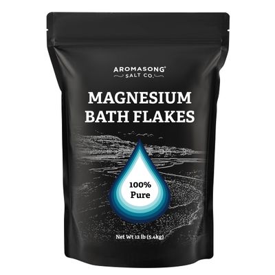 Aromasong Magnesium Flakes from The Dead Sea, 12 LB Resealable Black Bag - Muscle Relaxing Magnesium Chloride Bath Salts Soak for Headaches, Stress Leg Discomfort