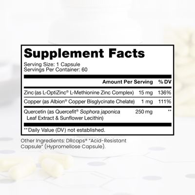Zinc Defense Zinc Copper Quercetin 60 Servings in Vegan Capsules L-OptiZinc Quercefit Ionophore Chelated Minerals Immune, Gut, Hormonal Balance Support