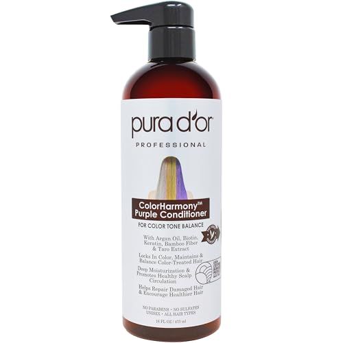 PURA D&#39;OR 16 Oz ColorHarmony Purple Conditioner For Bleached, Blonde, Silver Color Treated Hair - Keratin, Bamboo Fiber, No Sulfates, Select Natural Ingredients - Men Women