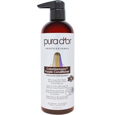 PURA D&#39;OR 16 Oz ColorHarmony Purple Conditioner For Bleached, Blonde, Silver Color Treated Hair - Keratin, Bamboo Fiber, No Sulfates, Select Natural Ingredients - Men Women
