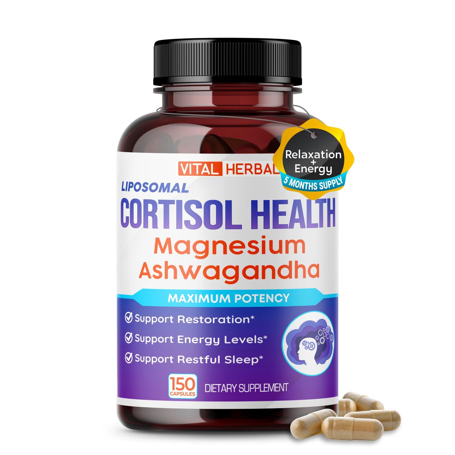 VITAL HERBAL Cortisol Health Supplement - Liposomal Magnesium with Ashwagandha L-Theanine St. John&#39;s Wort - Maximum Potency - Support Restoration, Strength - Made in The USA