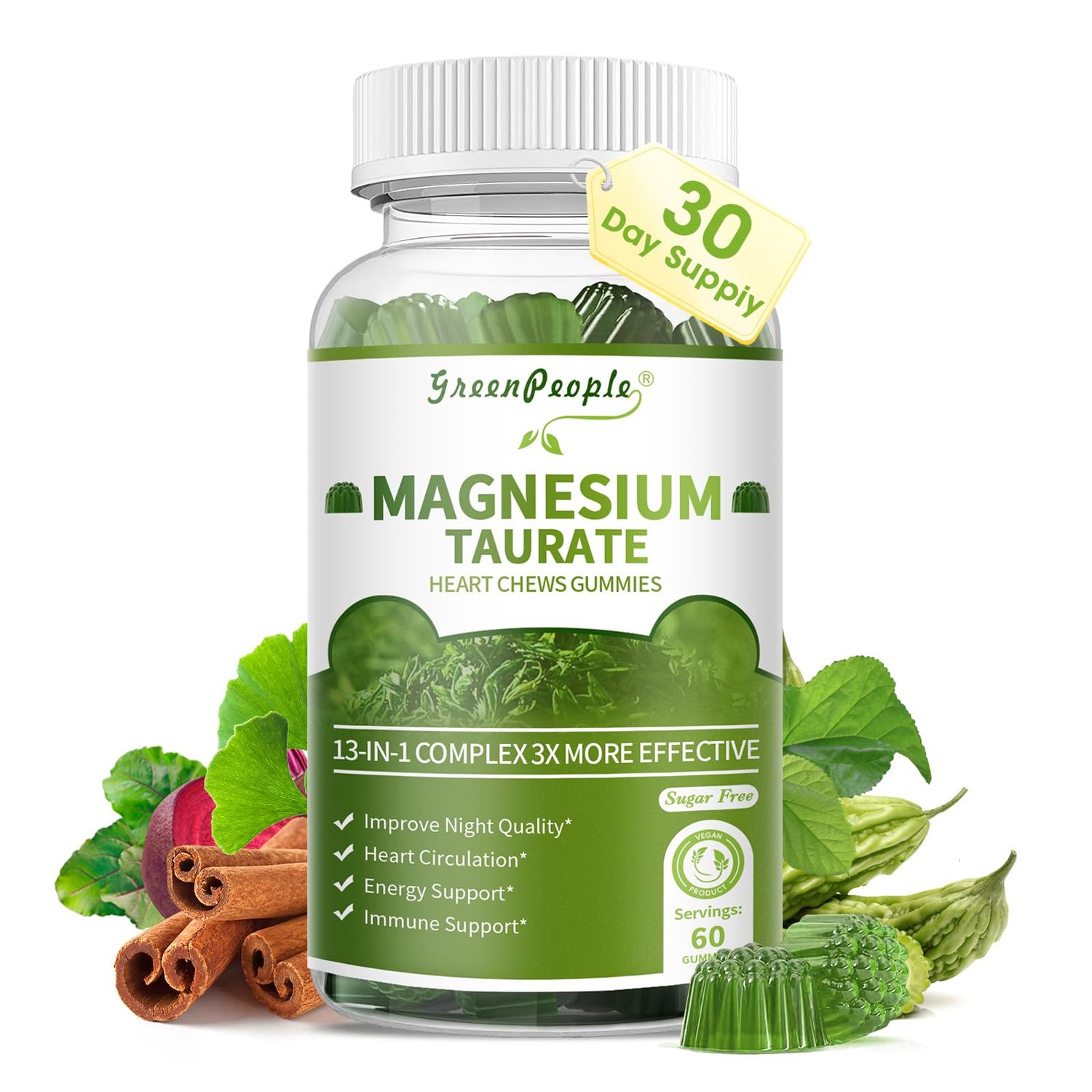 Magnesium Taurate Gummies, 13-in-1 Complex - Heart Support, Good Sleep, Immune Support, Sugar Free, High Absorption Magnesium Supplement, Matcha Flavor, 60 Gummies