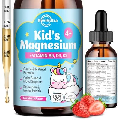 Kids Magnesium Glycinate Liquid Drops with L-Threonate, Omega-3, Ashwagandha, Vitamin B6, D3, K2, Calcium Chamomile - Magnesium Drops for Kids Sleep, Calm, Focus, Brain Mood - Strawberry Flavor
