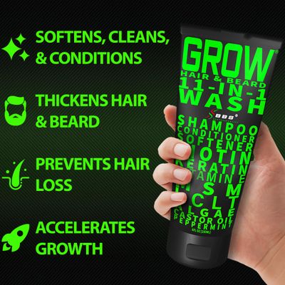 GROW Hair Beard 11-in-1 Wash: Shampoo, Conditioner Softener, Biotin, Castor Oil, Peppermint Essential Oil, Vitamin E, MSM, Keratin, Algae, LCLT - Supports Healthy Growth - Vegan - BBS USA Product