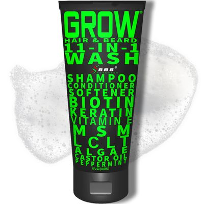 GROW Hair Beard 11-in-1 Wash: Shampoo, Conditioner Softener, Biotin, Castor Oil, Peppermint Essential Oil, Vitamin E, MSM, Keratin, Algae, LCLT - Supports Healthy Growth - Vegan - BBS USA Product