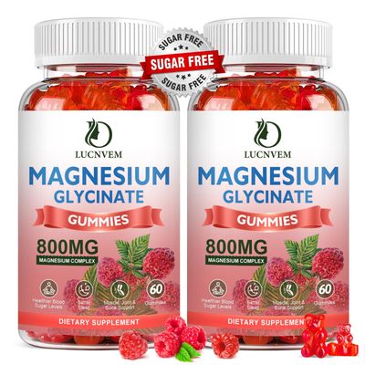 (2 Pack Sugar Free Magnesium Glycinate Gummies, 500mg Magnesium Glycinate with 200mg Magnesium Malate, Taurate, Oxide, COQ10, Vitamin B6 and D3, Sleep Calm Support, 120 Raspberry Gummies