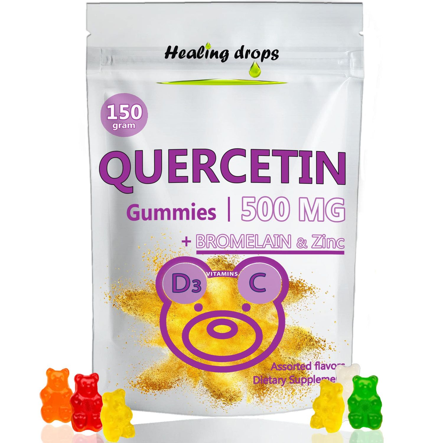 HEALING DROPS Quercetin with Bromelain Gummies - Vitamin C Zinc Vitamin D3 - Quercetin 500mg Gummies for Kids and Adults (1)