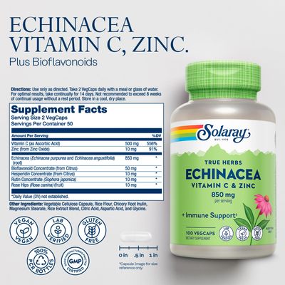 SOLARAY Echinacea Vitamin C Zinc 850mg Plus Bioflavonoids, Echinacea Capsules for Healthy Immune Support, Vegan, Lab Verified, 60-Day Money-Back Guarantee, 50 Servings, 100 VegCaps