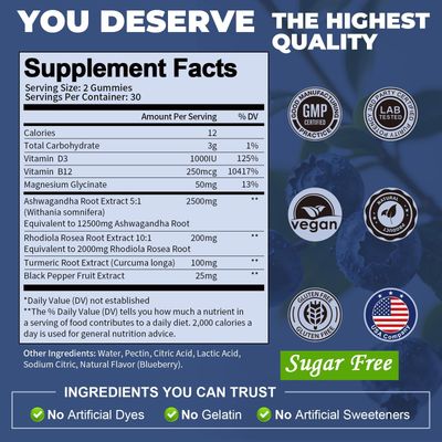 Totaria Sugar Free Ashwagandha Gummies wVitamin D3, Magnesium Glycinate, Rhodiola, Ultra Strength Ashwagandha Supplements for Women Wen, Max Absorption for Relaxation, Energy, Cortisol
