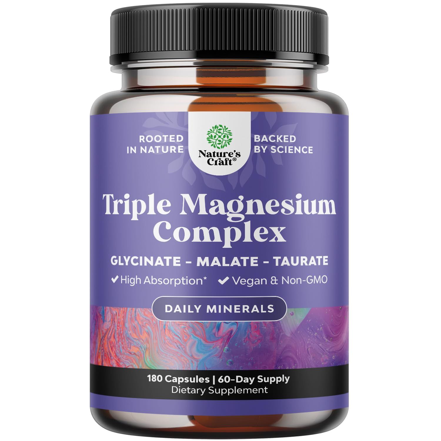 Triple Magnesium Complex Supplement - High Absorption Magnesium Glycinate, Malate Taurate Blend for Muscles, Energy Support Heart Health - Triple Mg Complex 400 mg Capsules - 180 Count