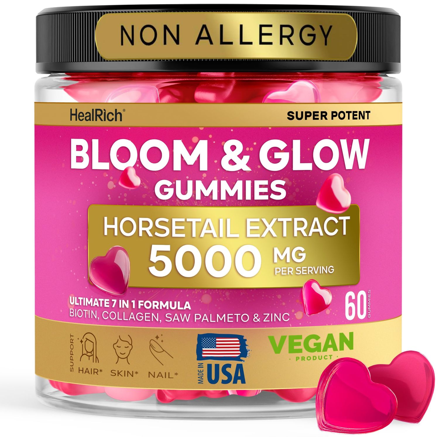 Horsetail Extract, Biotin Collagen Beauty Gummies - Hair Skin Nails Vitamins for Women - Hair Growth Vitamin with Saw Palmetto, D3, Zinc Fo-Ti - Vegan Supplements for Kids Adults - Made in USA