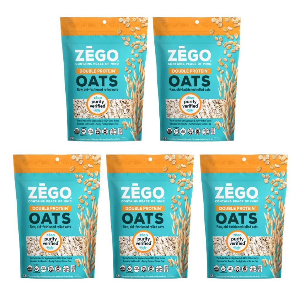 ZEGO Double Protein Raw Oats, Organic, Purity Protocol Gluten Free, GIyphosate Free, 14oz Bags, Bundle of 5 Bags (70oz total)
