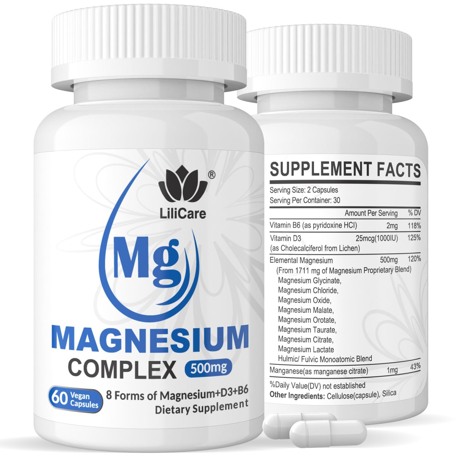 LILICARE Magnesium Complex Supplement 500mg, 8 Active Forms Maximized Absorption- Glycinate, Citrate, Taurate D3, B6 for Calm, Sleep Healthy Muscle, 120 Capsules - 60 Count (Pack of 2)
