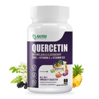 NUTRI POTENTIA Quercetin with Bromelain, Quercetin 500mg Capsules, Vitamin C D3, Zinc and Elderberry - Advanced Lung Immune and Respiratory Support Supplement - 60 Capsules