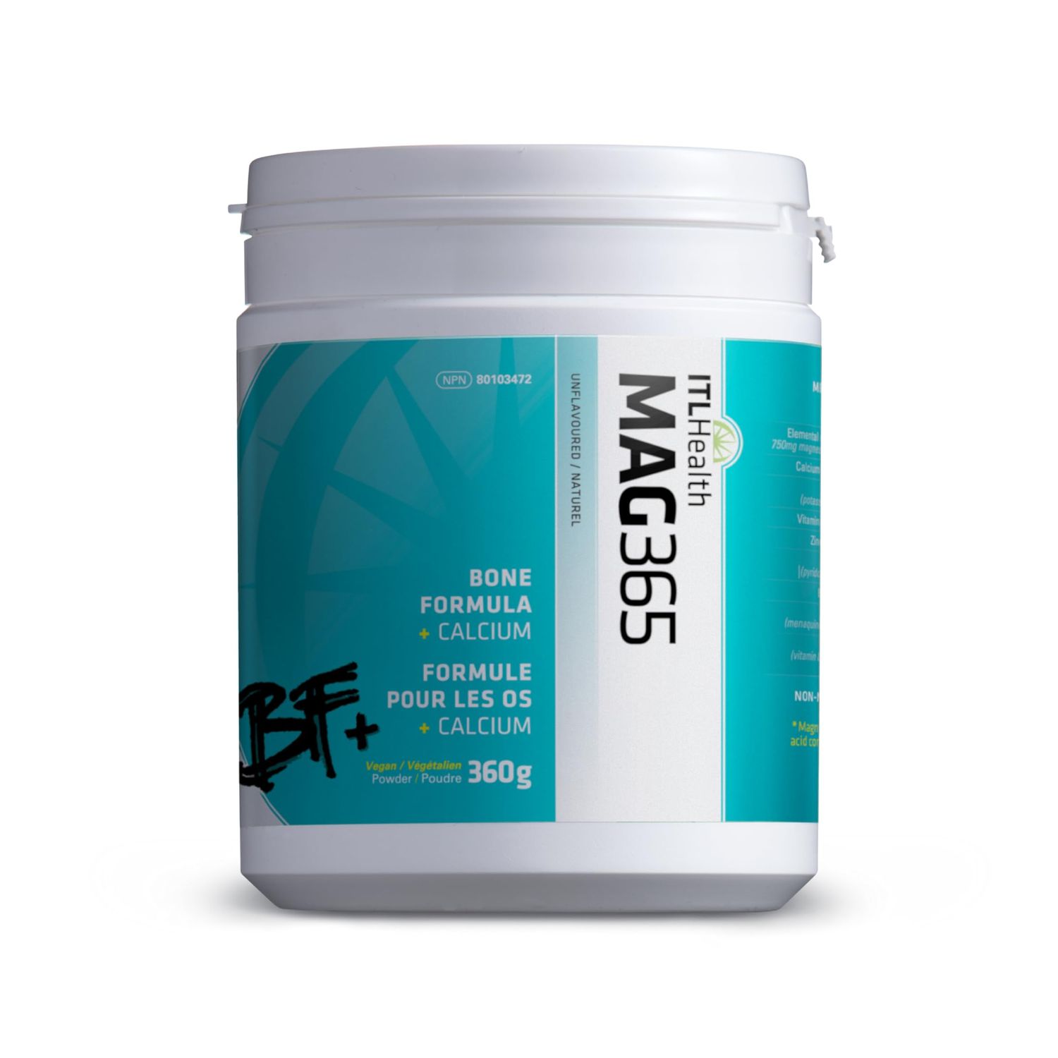 Mag365 ITL Health BF Plus Calcium Zinc Magnesium Powder with D3, K2, C, B6, Boron, Zinc and Potassium for Optimal Bone Health, and Immune Support (Unflavored, 360g)