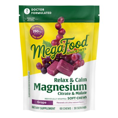 MegaFood Relax Calm Magnesium Supplement - Soft Chews with Magnesium Citrate Malate for Heart Health, Muscle Tension More - Vegetarian - Grape-Flavor - 60 Chews (30 Servings)