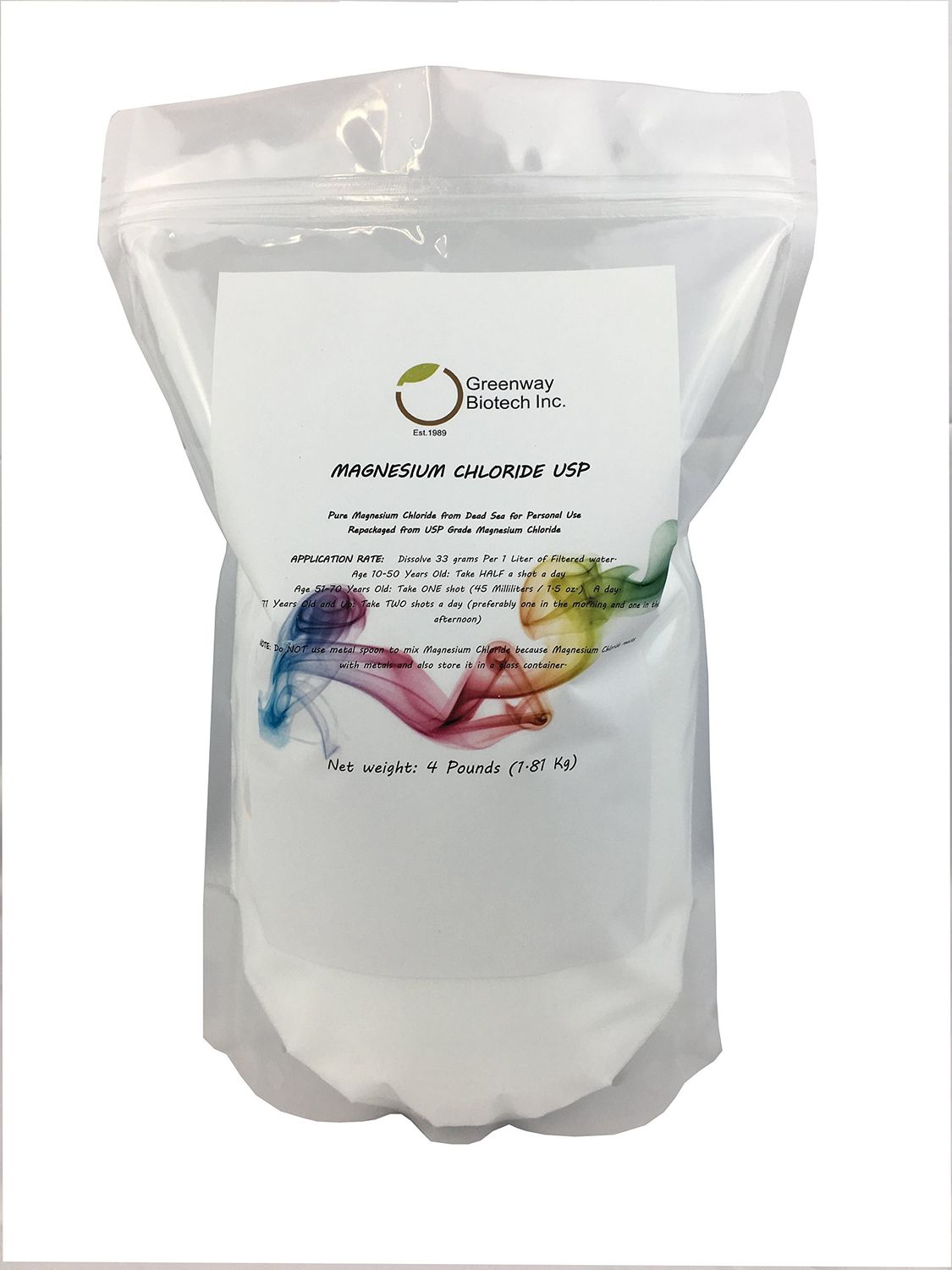 Greenway Biotech Magnesium Chloride USP Supplement 100 Edible Cloruro de Magnesio Comestible Powder (Pharmaceutical Grade)- (4 Pounds)