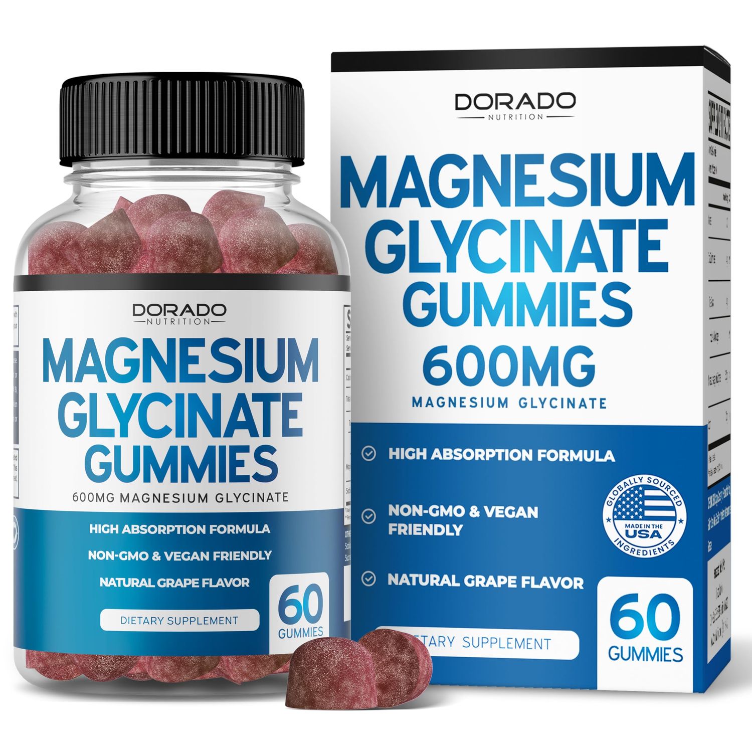 Magnesium Glycinate Gummies 600mg (60mg of Elemental Magnesium Provided by Pure 600mg Glycinate Gummies for Adults) - Non-GMO, Vegan Safe Made in USA - Delicious Grape Flavor (60 Count)