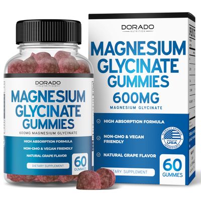 Magnesium Glycinate Gummies 600mg (60mg of Elemental Magnesium Provided by Pure 600mg Glycinate Gummies for Adults) - Non-GMO, Vegan Safe Made in USA - Delicious Grape Flavor (60 Count)
