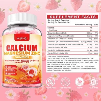 ZEGBALP Calcium Magnesium Supplement Gummies for Adult - Calcium Citrate 1000mg Magnesium Glycinate with Zinc Vitamin D3 K2 Sugar Free - Support for Muscles, Immune, Mood Energy