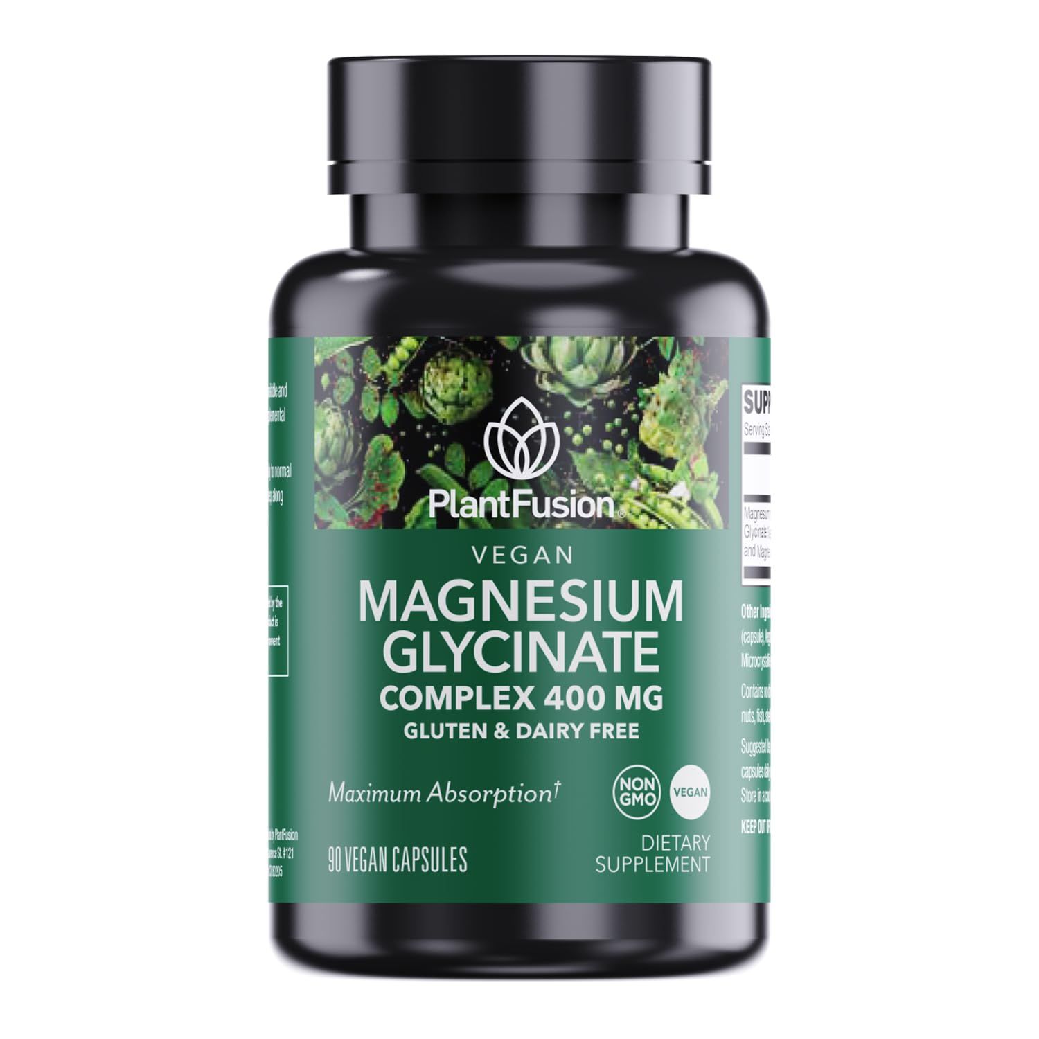 PlantFusion Vegan Magnesium Glycinate Complex 400 mg - High Absorption Bioavailability - Chelated - Supports Muscle Relaxation, Sleep, Cardio Health, Stress Relief, and Energy Production - Non GMO