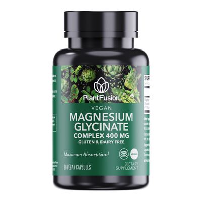 PlantFusion Vegan Magnesium Glycinate Complex 400 mg - High Absorption Bioavailability - Chelated - Supports Muscle Relaxation, Sleep, Cardio Health, Stress Relief, and Energy Production - Non GMO